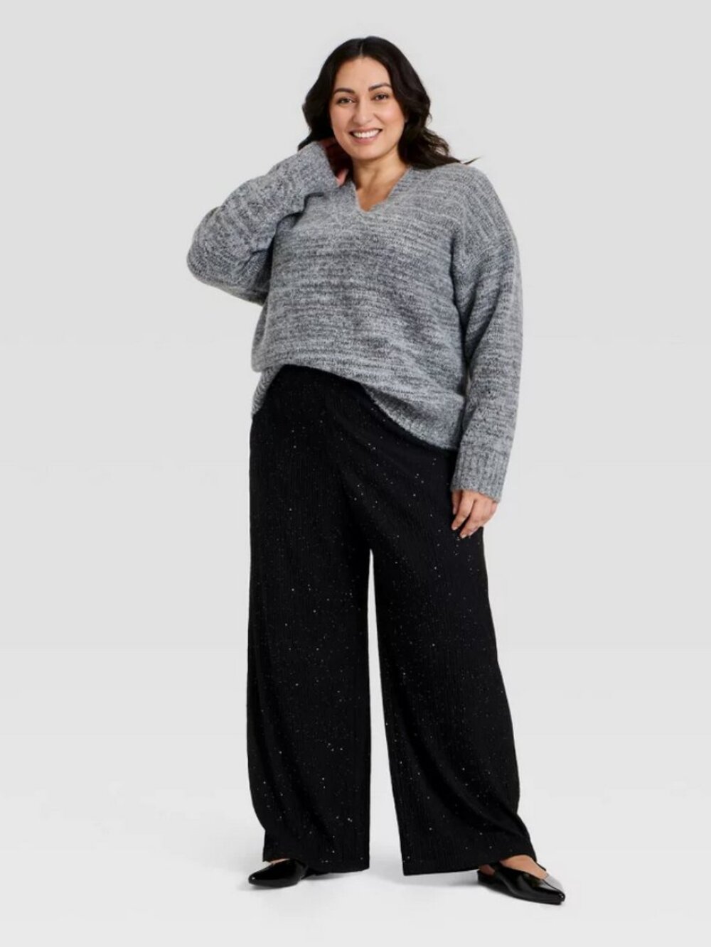 Women's High-Rise Sparkle Wide Leg Pull-On Pants - Ava & Viv Black XXL
